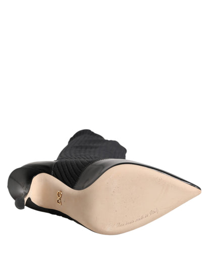 Black Leather Ribbed Knit Knee Boots Shoes