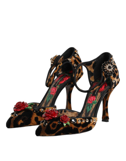 Brown Leopard Crystal Roses Pumps Shoes