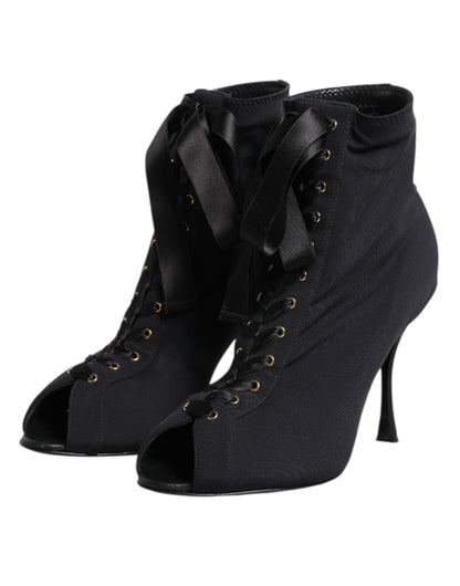 Black Stiletto Heels Lace Up Boots Shoes