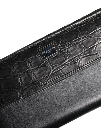 Black Leather Logo Plaque Zip Around Continental Wallet
