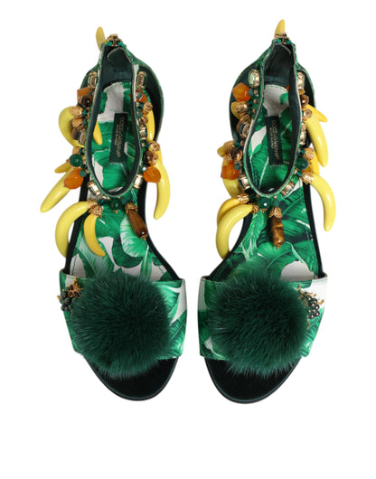 Green Mink Fur Satin Banana Leaf Sandals Shoes