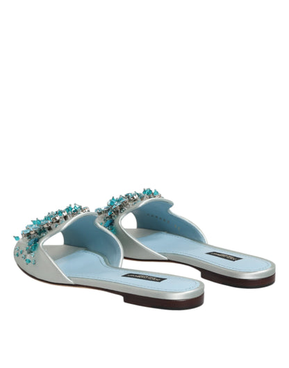 Silver Blue Leather Bead Embellish Slide Shoes