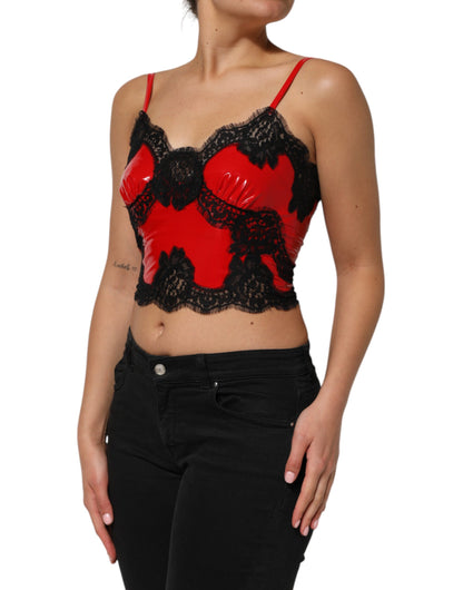Red Black Lace Trim Polyester Sleeveless Tank Top