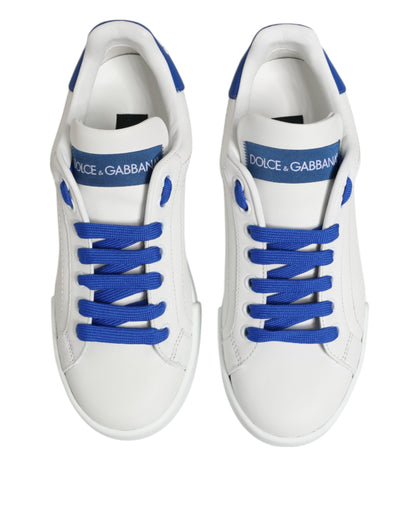White Blue Leather Low Top Sneakers Shoes
