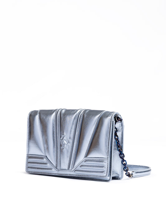 Metal light blue GT patent leather bag with chain