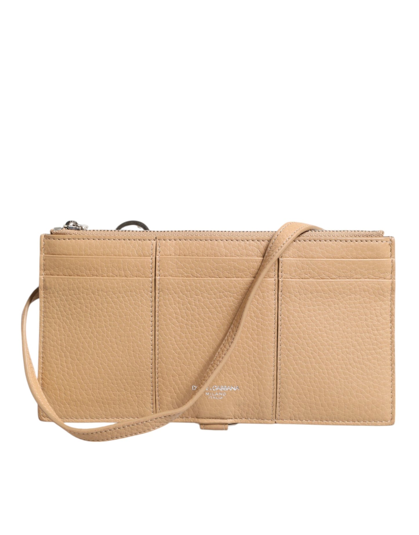 Beige Calfskin Leather Large Crossbody Card Holder Wallet