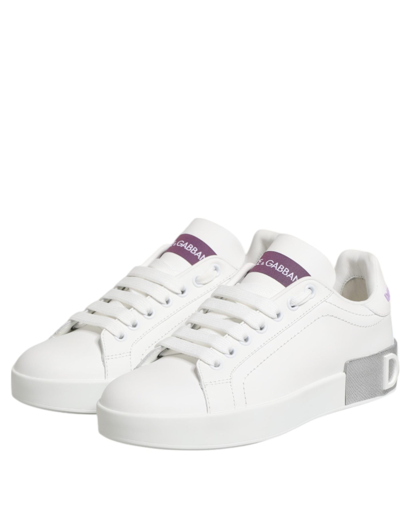 White Purple Leather Low Top Sneakers Shoes