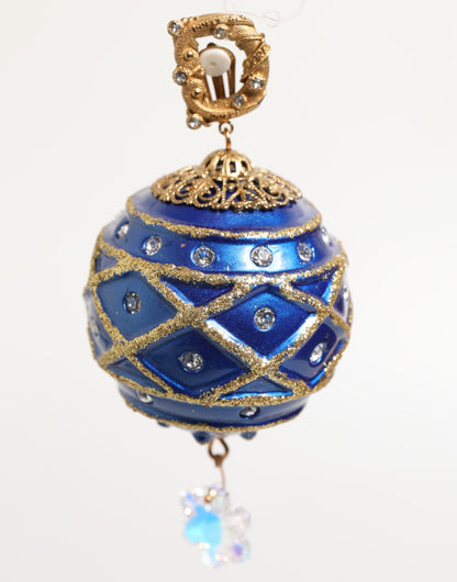 Gold Brass Blue Christmas Ball Crystal Drop Clip On Earrings