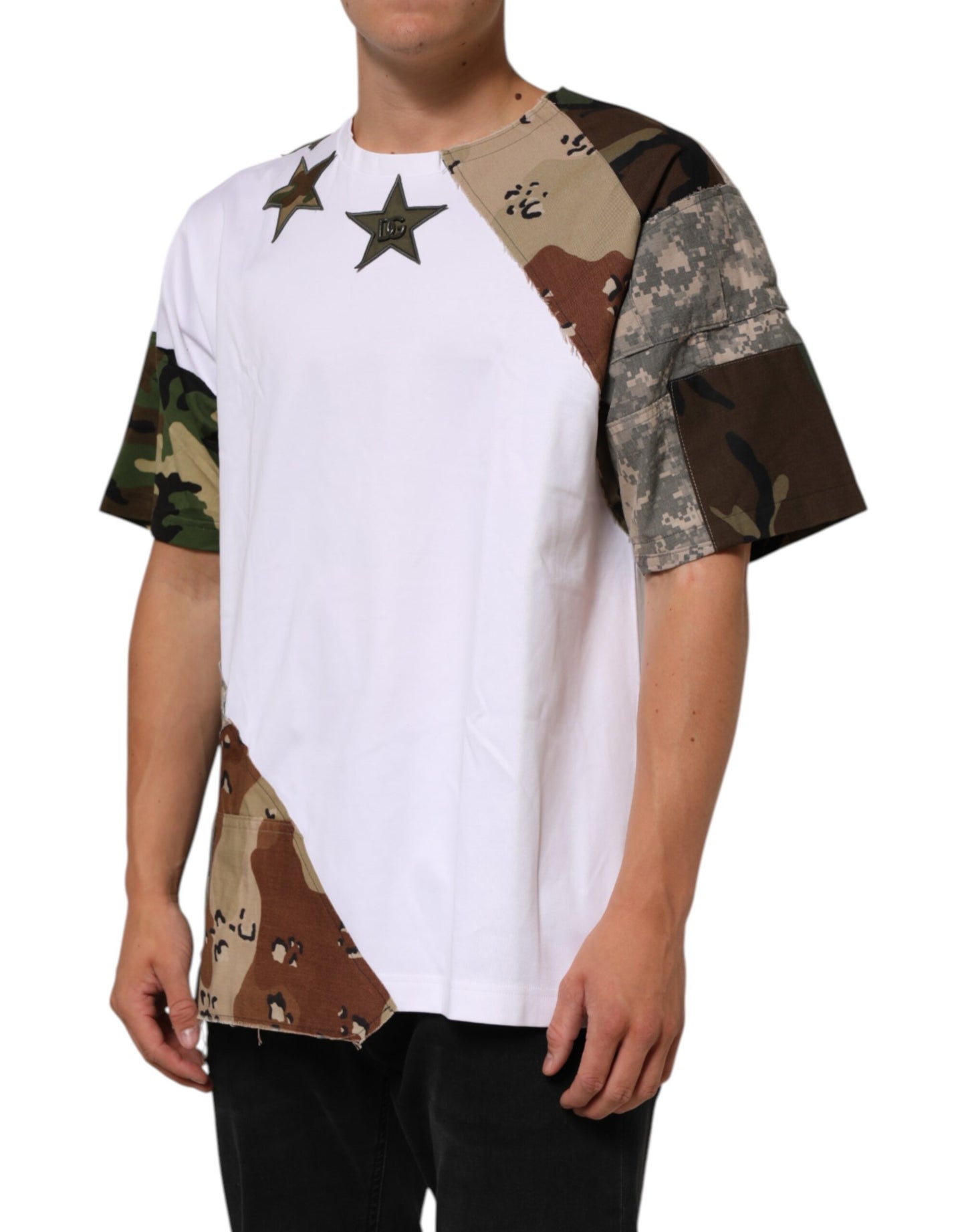 White Camouflage Patckwork Men Cotton T-shirt