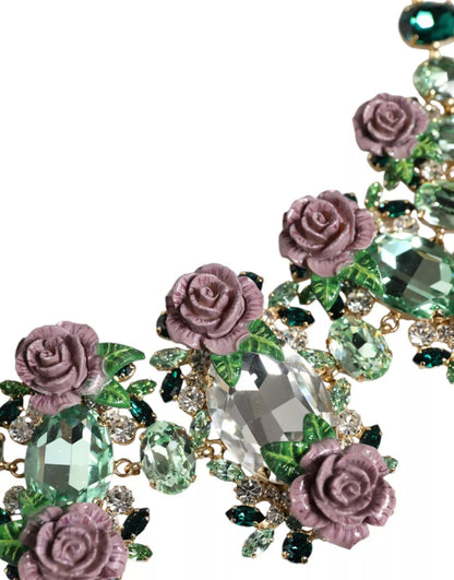 Gold Brass Link Chain Rose Petal Crystal Necklace