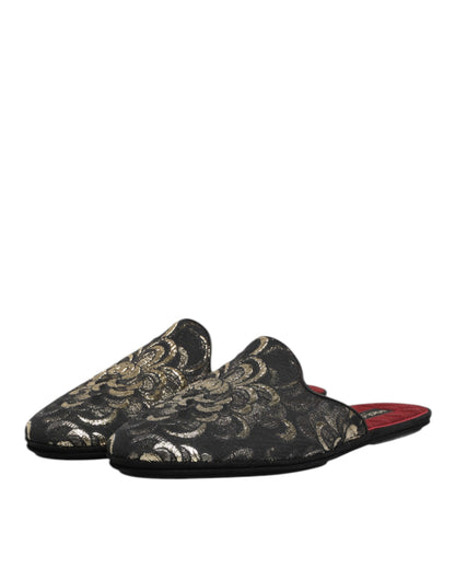 Black Floral Jacquard Slides Slippers Shoes