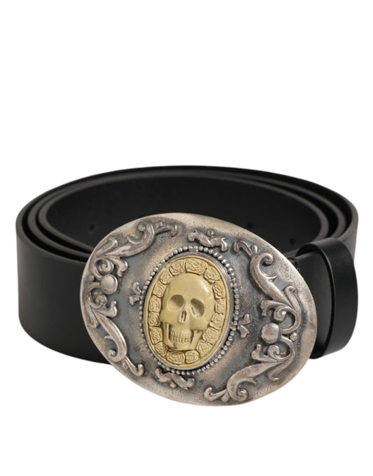 Black Leather Ornate Metal Buckle Men Belt