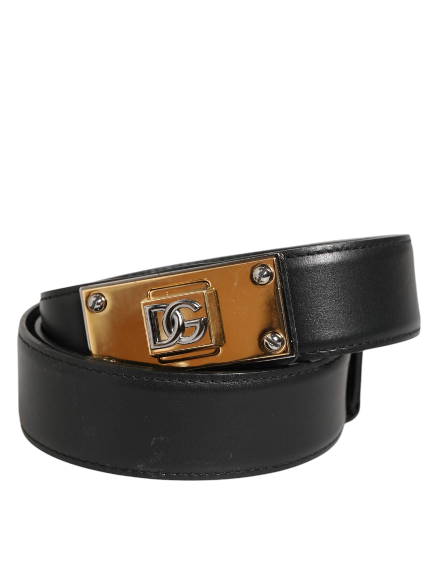 Black Leather Classic Metal Logo Buckle Belt