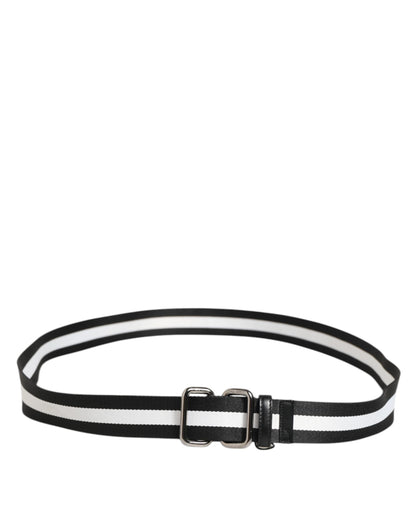 Black White Striped Logo Metal Buckle Belt