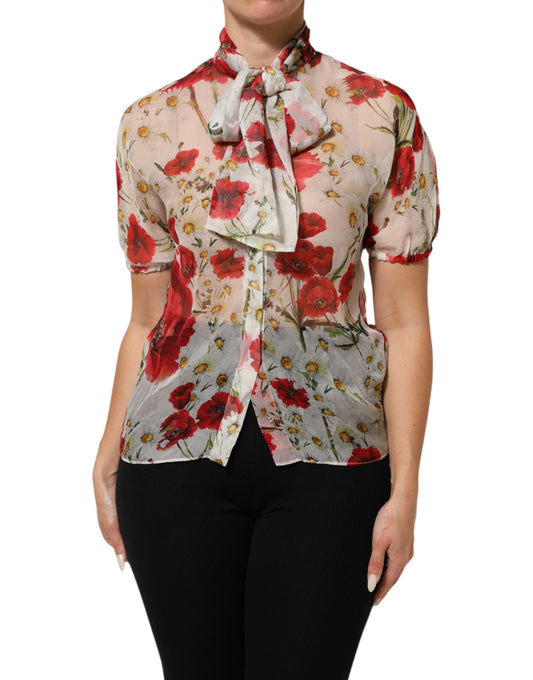 White Floral Tie-Neck Poppy Print Blouse Top