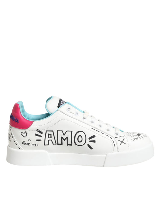 White Leather Graffiti Low Top Sneakers Shoes