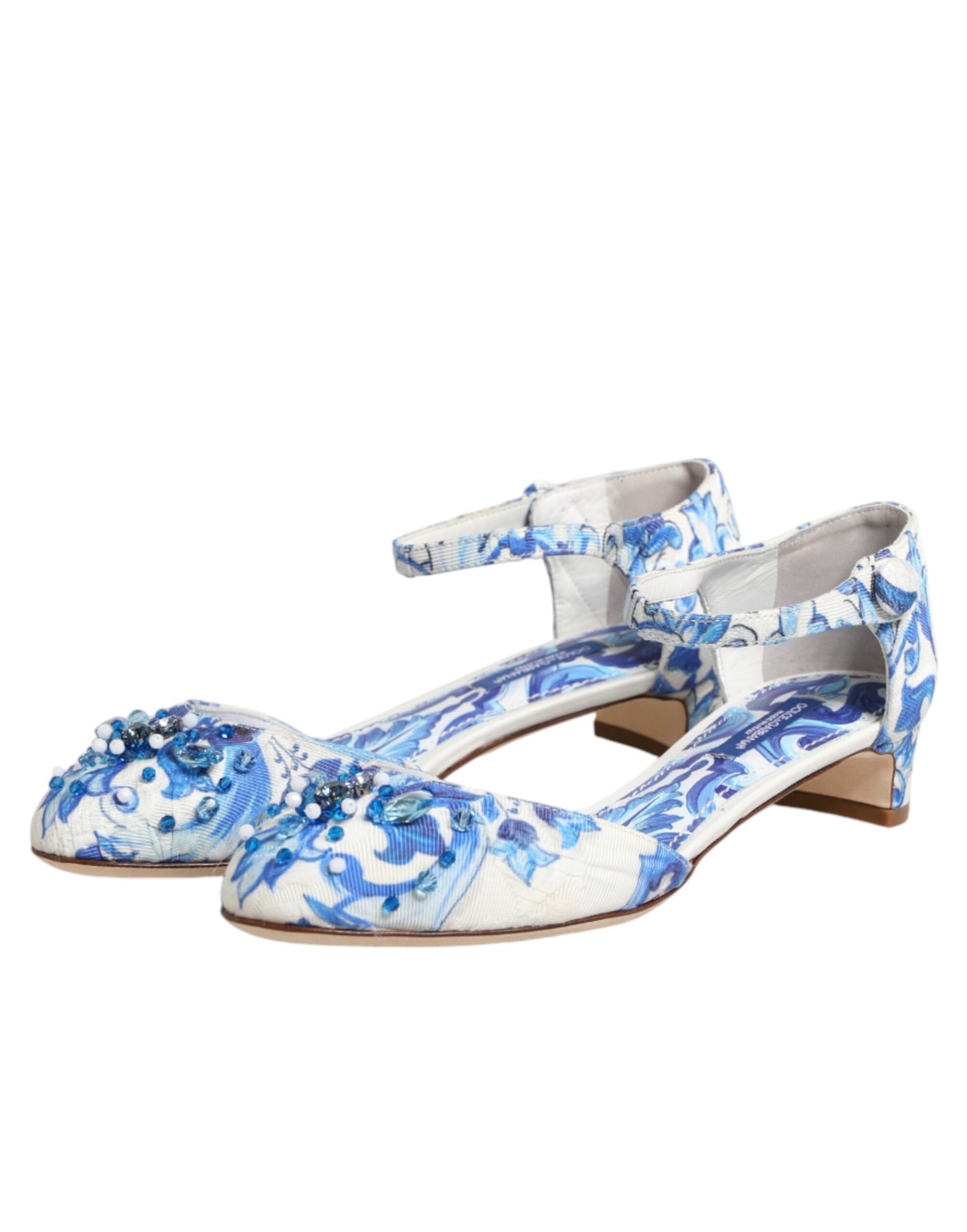 White Blue Floral Crystal Ankle Straps Shoes