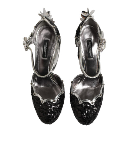 Black Sequined Ankle Strap Sandals Shoes