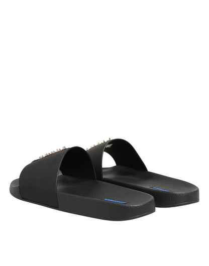 Black Leather Slides Sandals Beachwear Shoes