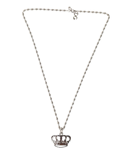 Silver Tone Brass Chain Crown Crystal Pendant  Necklace