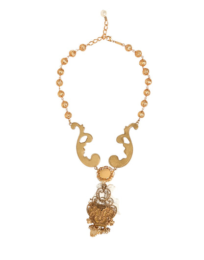 Gold Ceramic Crystal Cherub Baroque Pendant Necklace