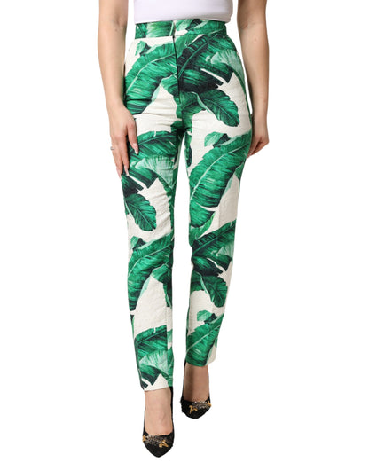 White Green Leaf High Waist Trousers Pants