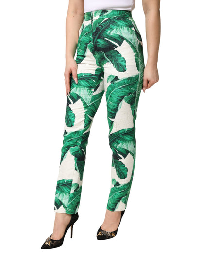 White Green Leaf High Waist Trousers Pants