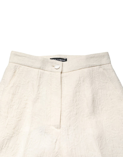 White Cotton Floral Brocade Dress Pants