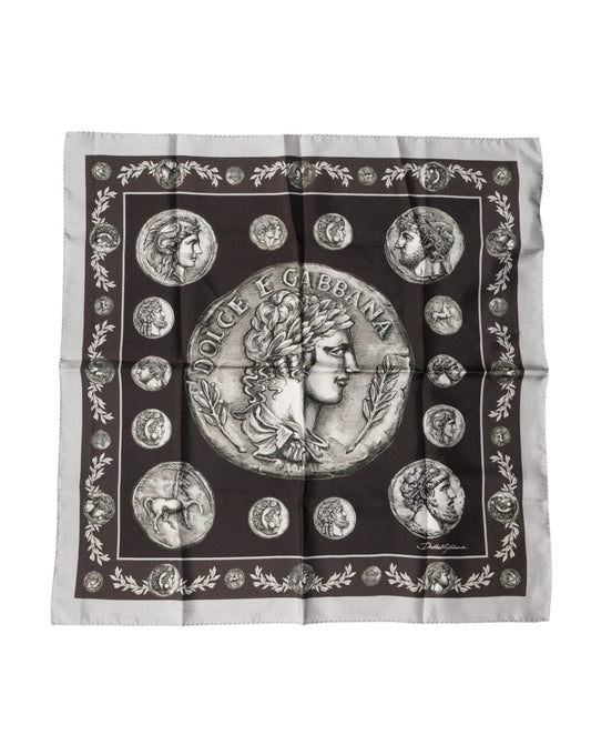 Brown Roman Coin Print Silk Square Foulard Scarf