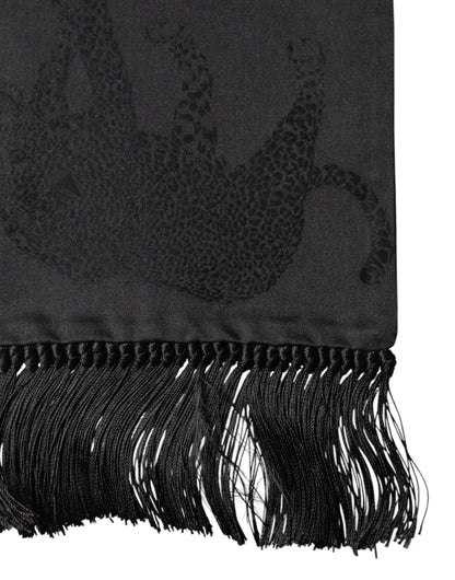Black Satin Silk Fringes Neck Foulard Scarf