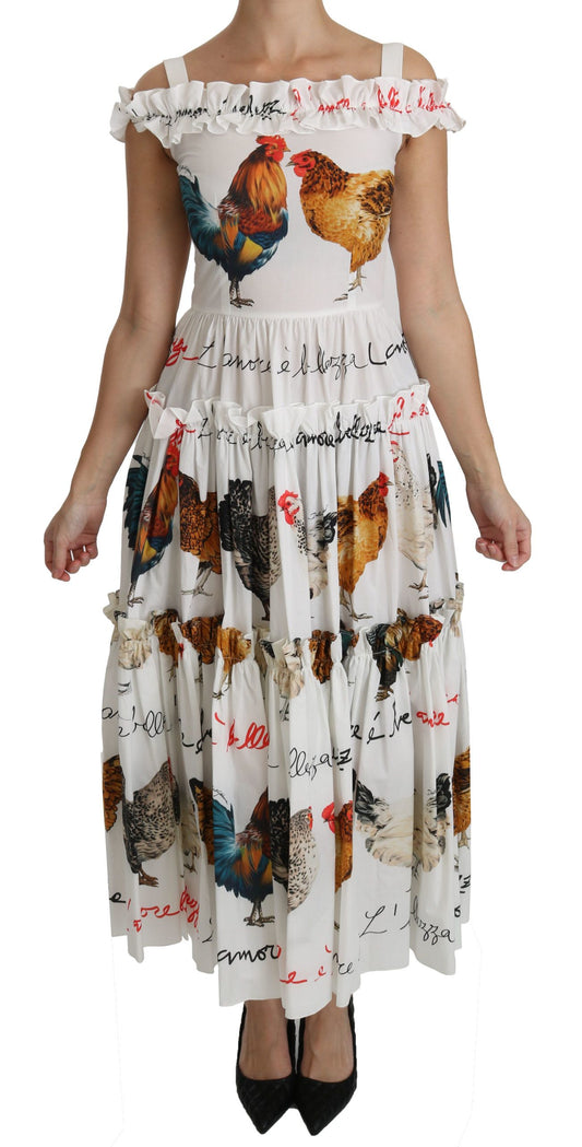 Elegant White Rooster Print Sheath Midi Dress