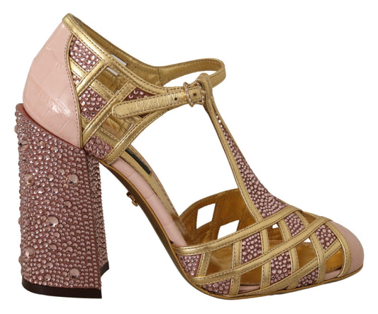 Silk-Infused Leather Crystal Pumps in Pink Gold