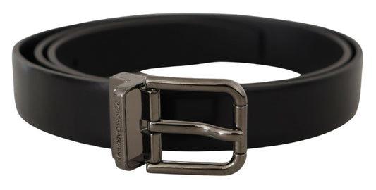 Sleek Black Leather Belt with Metallic Buckle