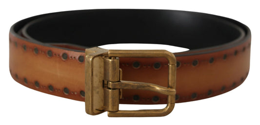 Elegant Brown Leather Belt with Brass Buckle