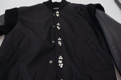 Elegant Black Crystal-Embellished Bomber Jacket