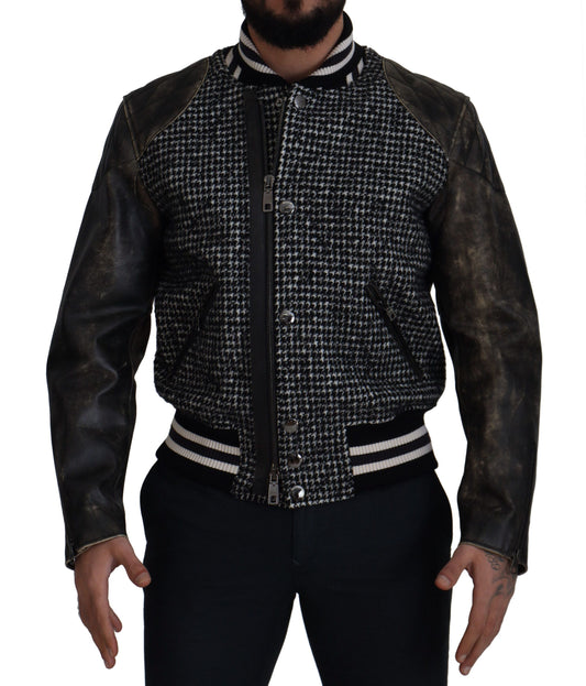 Multicolor Houndstooth Leather Bomber Jacket