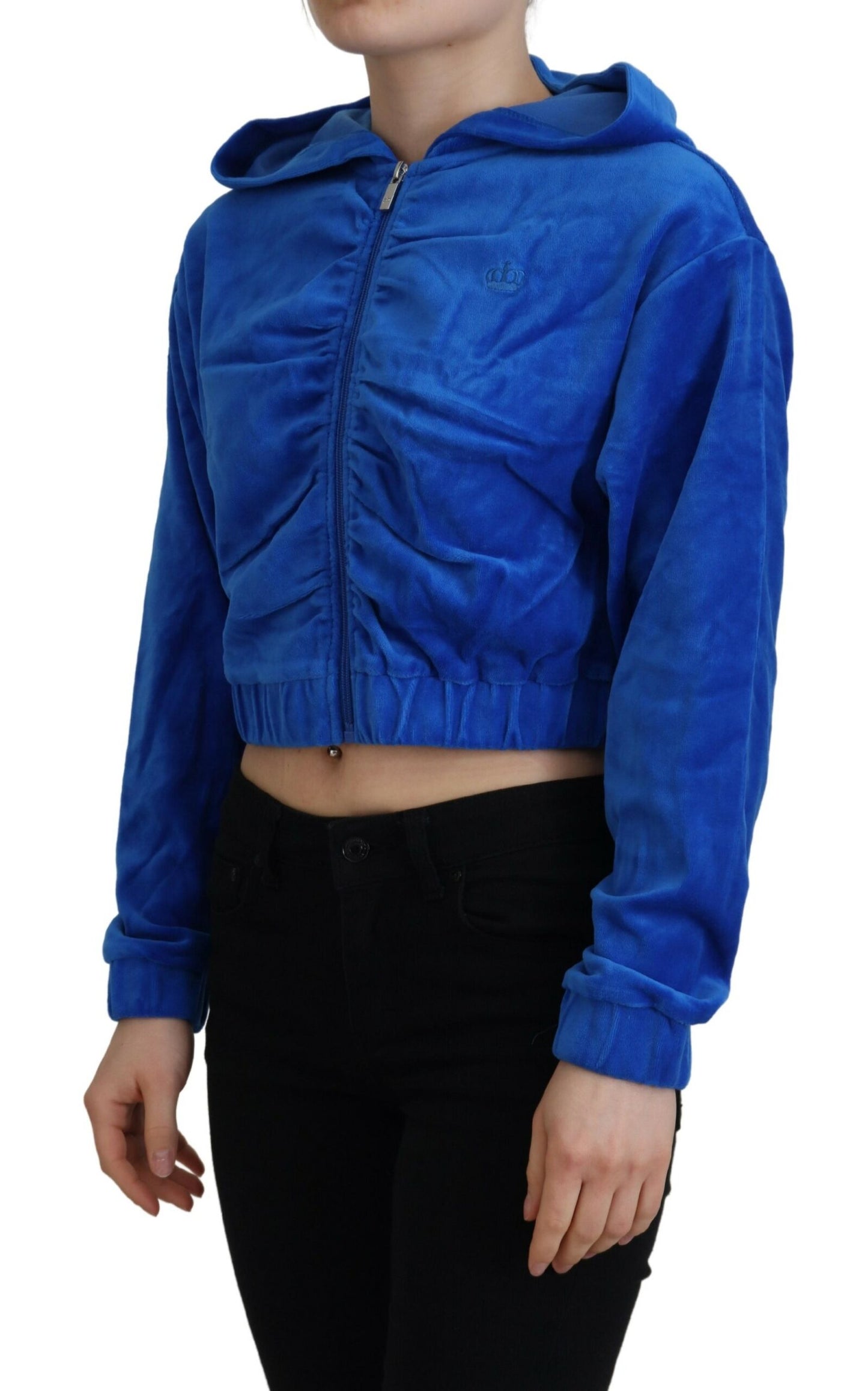 Glam Hooded Zip Cropped Sweater in Blue