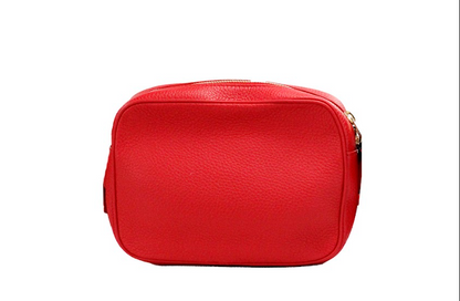 Small Branded Bright Red Grainy Leather Camera Crossbody Bag