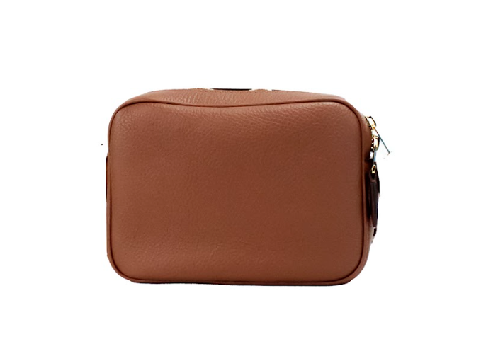 Small Branded Tan Brown Leather Camera Crossbody Bag