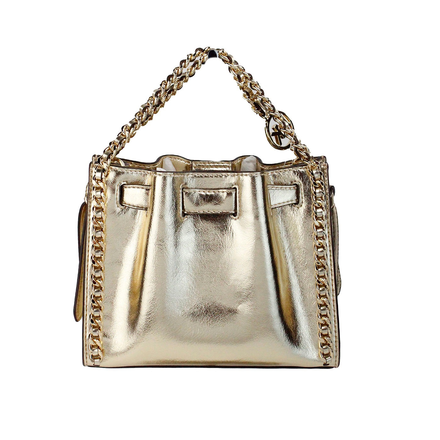 Mina Small Belted Gold Vegan Leather Chain Inlay Crossbody Bag