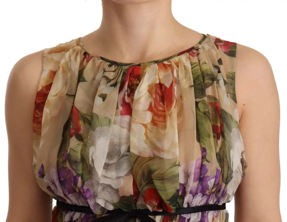 Beige Floral Sleeveless Round Neck Mini Dress