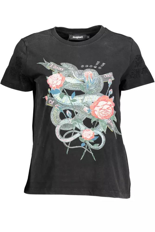 Chic Black Printed Tee with Unique Embellishments