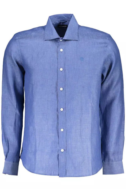 Elegant Blue Linen Long-Sleeve Shirt