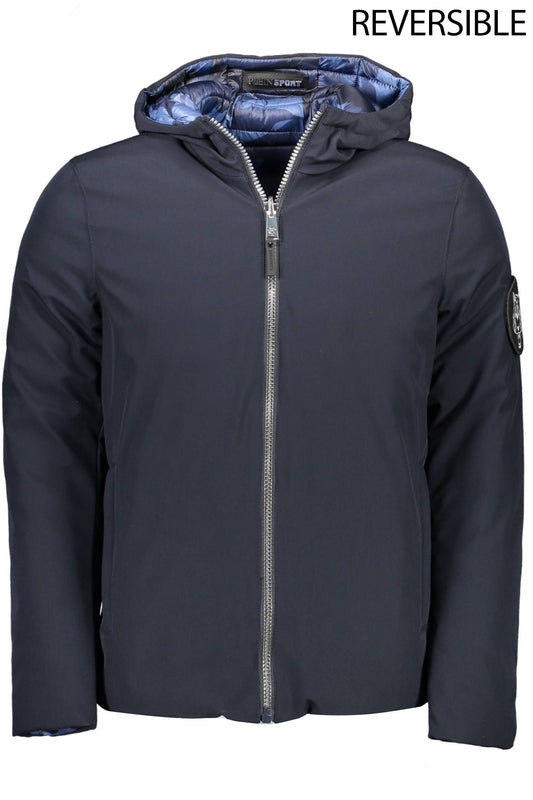 Reversible Hooded Blue Jacket with Logo Detail