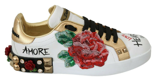 Elegant Sequined Floral Leather Sneakers