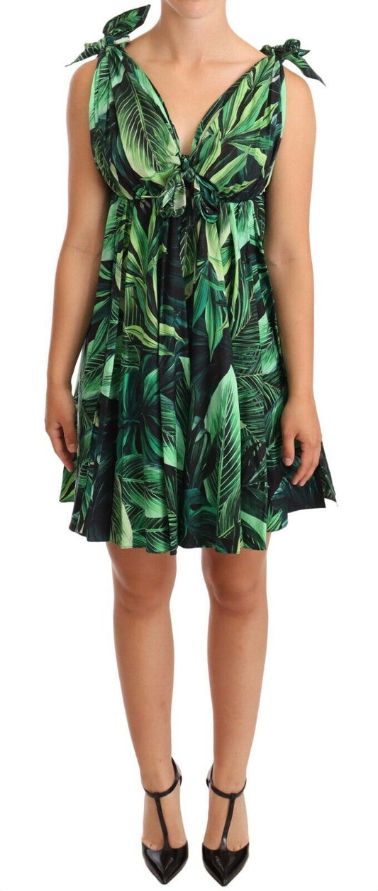 Elegant Flared Mini A-Line Dress in Green Leaf Print