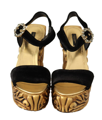 Baroque Velvet Heels in Black and Gold