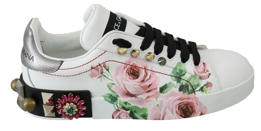 Floral Crystal-Embellished Leather Sneakers