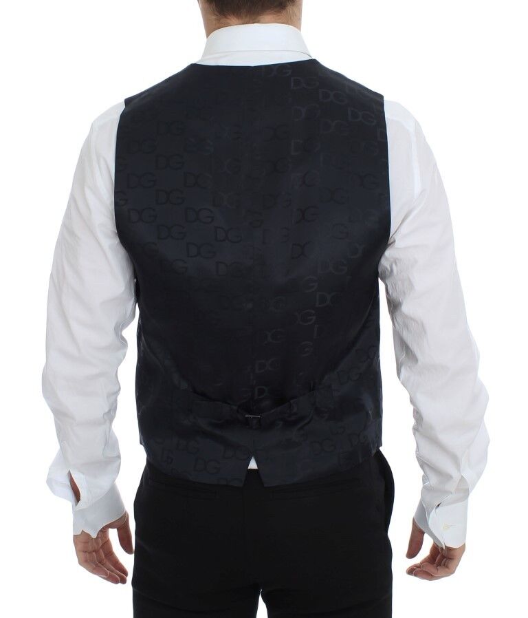 Elegant Gray Striped Wool-Silk Dress Vest