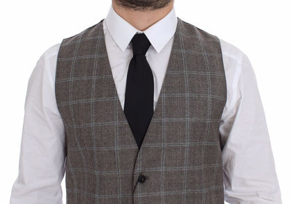 Elegant Brown Checkered Wool Dress Vest